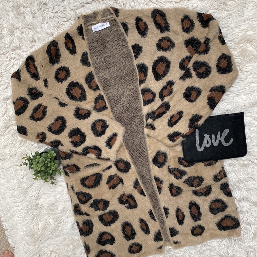 Wanna B Leopard Eyelash Open Cardigan π Tan Brown & Black - Picture 3 of 13